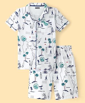 Pine Kids Knit Half Sleeves Night Suit With Beach Print - Snow White