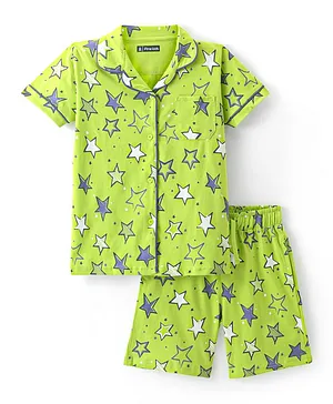 Pine Kids 100 % Cotton Knit Half Sleeves Night Suit Star Print - Lime Green
