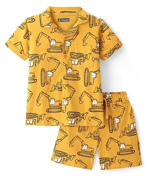 Pine Kids 100% Cotton Knit Half Sleeves Night Suit JCB Print - Yellow