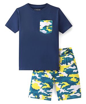 Pine Kids Cotton Knit Half Sleeves Night Suit With Camouflage Print - Navy Blue & Yellow
