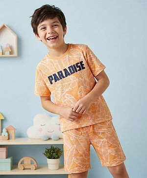 Pine Kids 100% Cotton Knit Half Sleeves Night Suit Leaf Print - Multicolor