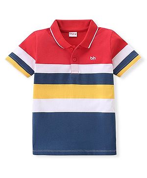 Babyhug Cotton Knit Half Sleeves Striped with Logo Embroidery Polo T-Shirt Red & Navy