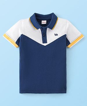 Babyhug 100% Cotton Knit Half Sleeves Polo T-Shirt Cut & Sew Design with Embroidery Detailing - White & Navy Blue