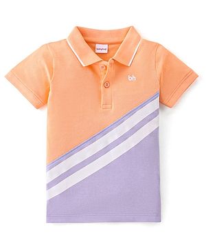 Babyhug 100% Cotton Knit Half Sleeves Cut & Sew Polo T-Shirt With Embroidery Detailing - Peach & Purple