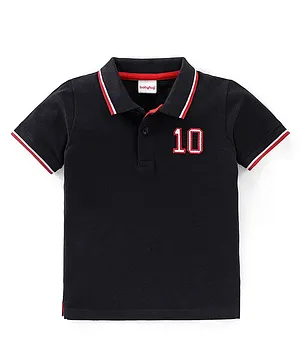 Babyhug 100% Cotton Knit Half Sleeves Polo T-Shirt with Applique Detailing - Black