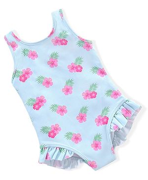 Babyhug Sleeveless V Cut Swimsuit Frill Design & Floral Print - Blue