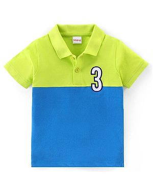 Babyhug 100% Cotton Knit Half Sleeves Cut and Sew Pattern Polo T-Shirt with Embroidery Detailing - Blue & Green
