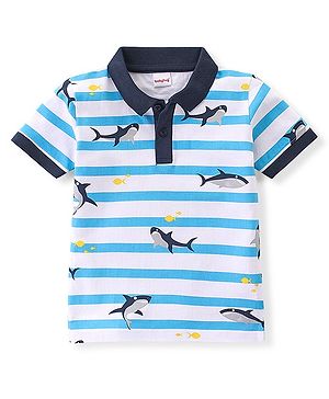 Babyhug Cotton Knit  Half Sleeves Striped Polo T-Shirt with Shark Graphics - Blue & White
