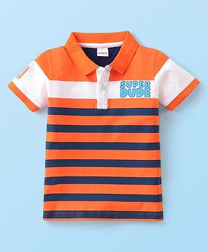 Babyhug Cotton Knit  Half Sleeves Striped  Polo T-Shirt  with Text Graphics & Applique Detailing - Orange