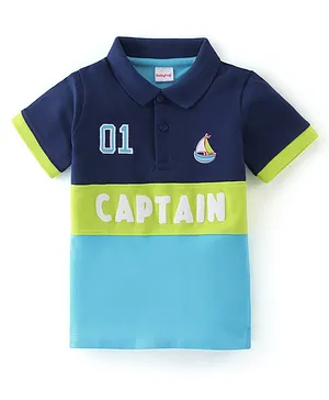 Babyhug Cotton Half Sleeves Polo T-Shirt With Boat Graphics & Applique Detailing - Blue