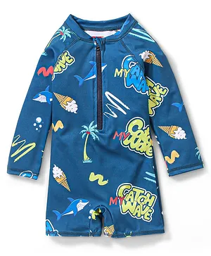 Babyhug Full Sleeves Legged Swimsuit with Text & Ice Cream Print -  Blue