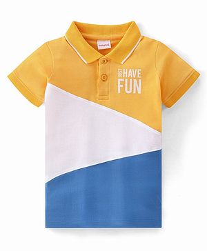 Babyhug 100% Cotton Knit Half Sleeves Polo T-Shirt with Graphics - Orange White & Blue