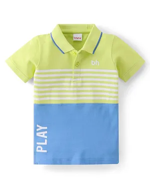 Babyhug 100% Cotton Knit Half Sleeves Polo T-Shirt With Text Graphics - Lime & Blue