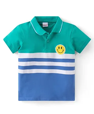 Babyhug Cotton Half Sleeves Striped Polo T-Shirt With Smiley Applique - Green & Blue