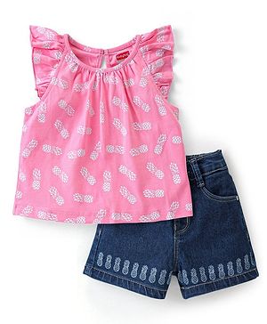Babyhug 100% Cotton Knit Sleeveless Top & Denim Shorts With Pineapple Print - Pink & Blue