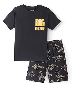 Pine Kids 100% Cotton Knit Half Sleeves Night Suit With Text & Dino Print - Black