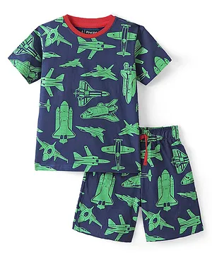 Pine Kids 100% Cotton Knit Single Jersey Half Sleeves Night Suit With Rocket Print - Navy Blue & Green