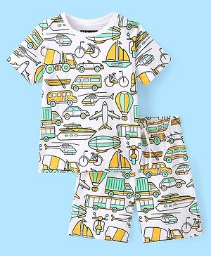 Pine Kids 100% Cotton Knit Single Jersey Half Sleeves Night Suit With Vehicles Print - White & Green
