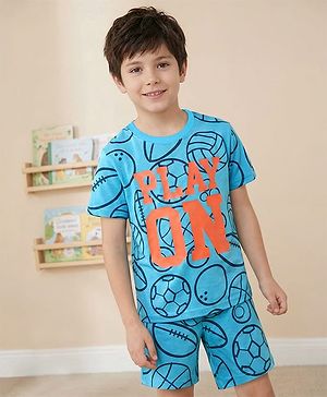 Pine Kids Single Jersey Knit Half Sleeves Text & Ball Printed Night Suit - Light Blue