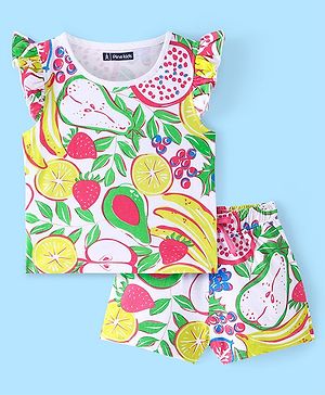 Pine Kids Cotton Knit Frill Sleeves Night Suit With Fruits Print - Multicolor