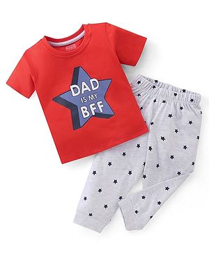 Babyhug Single Jersey Knit Half Sleeves Night Suit With Star & Text Print - Red & Grey