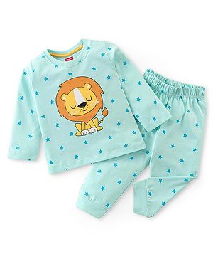 Babyhug Single Jersey Knit  Half Sleeves Night Suit with Lion Print - Blue