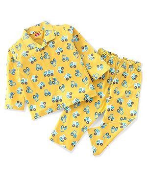 Babyhug Single Jersey Knit Full Sleeves Night Suit With Tractor & Truck Print - Yellow