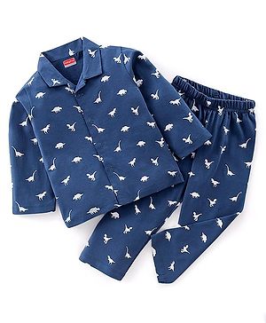 Babyhug Single Jersey Knit Full Sleeves Night Suit With Dino Print - Navy Blue