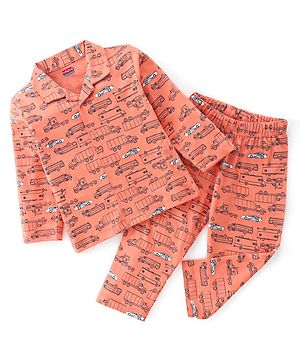 Babyhug Cotton Knit Full Sleeves Night Suit With Cars Print - Orange