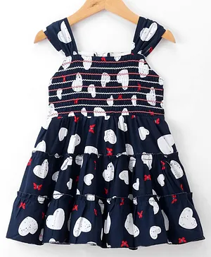 Dew Drops Cotton Knit Sleeveless Heart Printed Frock - Navy Blue