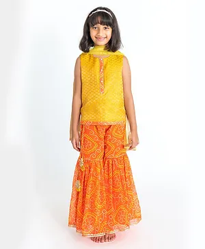 A Little Fable Sleeveless Ethnic Motif & Bandhej Design Detailed Coordinating Sharara Set - Orange