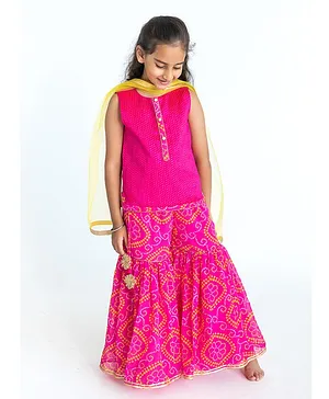 A Little Fable Sleeveless Ethnic Motif & Bandhej Design Detailed Coordinating Sharara Set - Pink