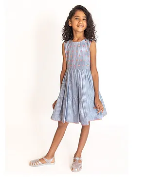 A Little Fable Sleeveless Floral Embroidered With Striped Fit & Flare Nostalgia Dress - Blue