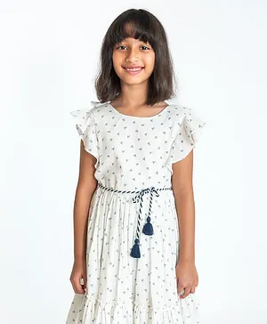 A Little Fable Flutter Half Sleeves Ditsy Floral Printed Fit & Flare Dress With Front Tie Up - White