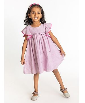 A Little Fable Flutter Cap Sleeves Railraod Striped & Lace Embellished A Line Dress - Lavender