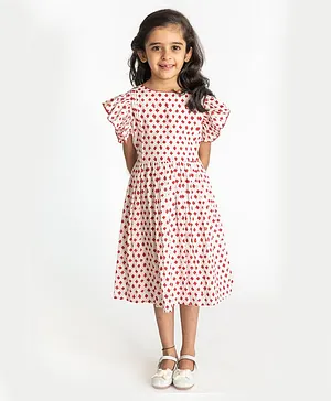 A Little Fable Flutter Half Sleeves Seamless Motif Printed Fit & Flare Dress - Red & White
