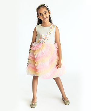 A Little Fable Sleeveless Corsage Embellished & Mesh Layered Dress - Whispering Pink