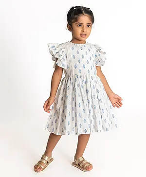 A Little Fable Flutter Half Sleeves Motif Block Printed & Pin Tuck Detailed Dress - White
