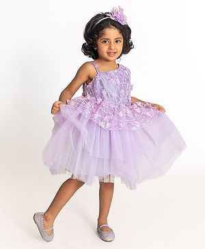 A Little Fable Sleeveless Floral Embellished & Embroidered Peplum Style Gardenia Dress - Lavender