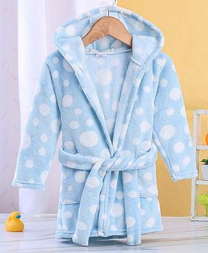 Babyhug Velour Full Sleeves Bathrobe with Hooded Polka Dot Print - Blue