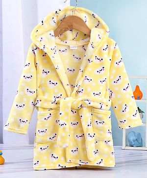 Babyhug Velour Full Sleeves Bathrobe with Hood Hearts Print - Yellow