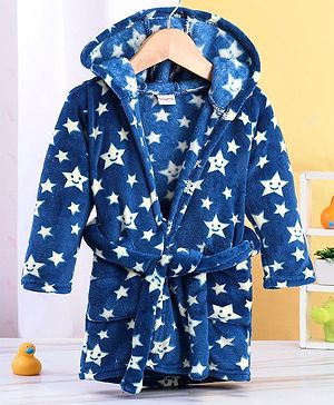 Babyhug Velour Full Sleeves Bathrobe with Hood Star Print - Blue