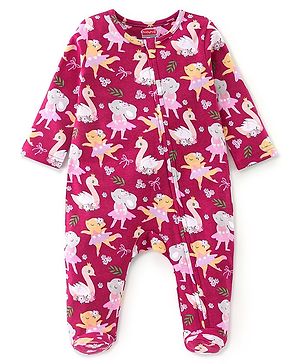 Babyhug Cotton Knit Full Sleeves Footed Sleep Suit With Animals Print - Maroon