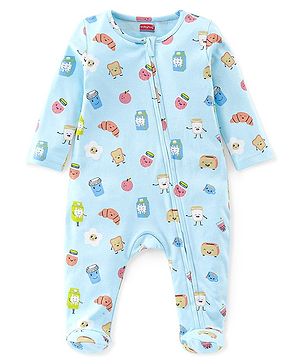 Babyhug Cotton Knit Full Sleeves Footed Sleep Suit With Food Theme Print - Blue