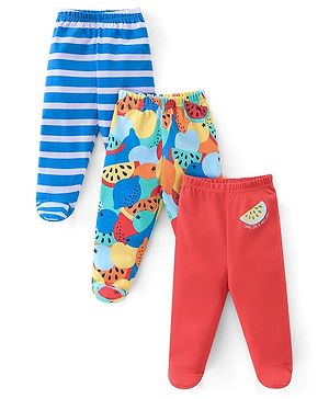 Babyhug 100%  Cotton Knit Interlock Stripe & Fruit Prints Bootie Leggings Pack of 3 - Blue & Red