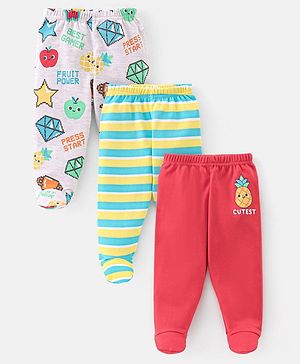 Babyhug 100% Cotton Interlock Knit Bootie Legging Stripes & Apple Print Pack Of 3 - Multicolor