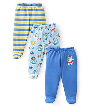 Babyhug 100% Cotton Knit Footed Bootie Leggings Stripes & Dino Print Pack of 3- Multicolour