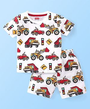 Babyhug Single Jersey Knit Half Sleeves Night Suit With JCB Print - White