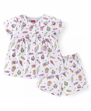 Babyhug Cotton Knit Half Sleeves Night Suit Ice Cream & Text Print- White