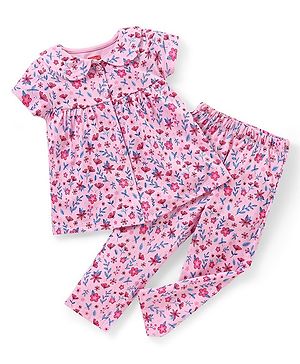 Babyhug Single Jersey Half Sleeves Night Suit Floral Print - Pink